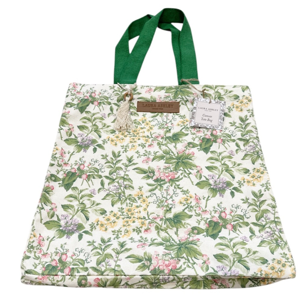 NEW Laura Ashley GREEN FLORAL DESIGN REUSABLE CANVAS TOTE w/Double Handles